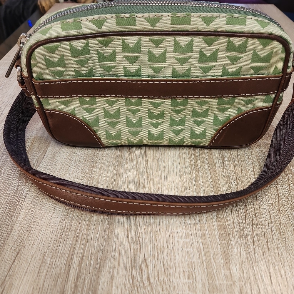 Michael Kors  canvas baguette bag with brown leather trim